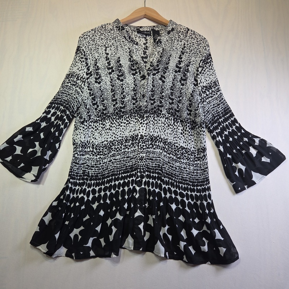 Maggie Barnes Womens 0X 14W 16W‎ Pleated Tunic Blouse Black White Bell Sleeve